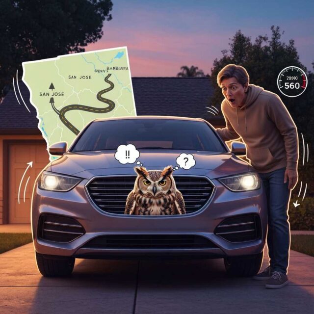 Un búho se va de road trip improvisado incrustado en el frontal de un coche