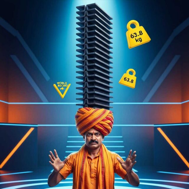 El truco del turbante: 17 columnas de acero se apilan solas en la cabeza de un indio