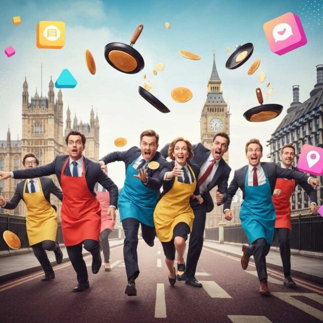 Carreras de tortitas en Londres con políticos y sartenes en mano