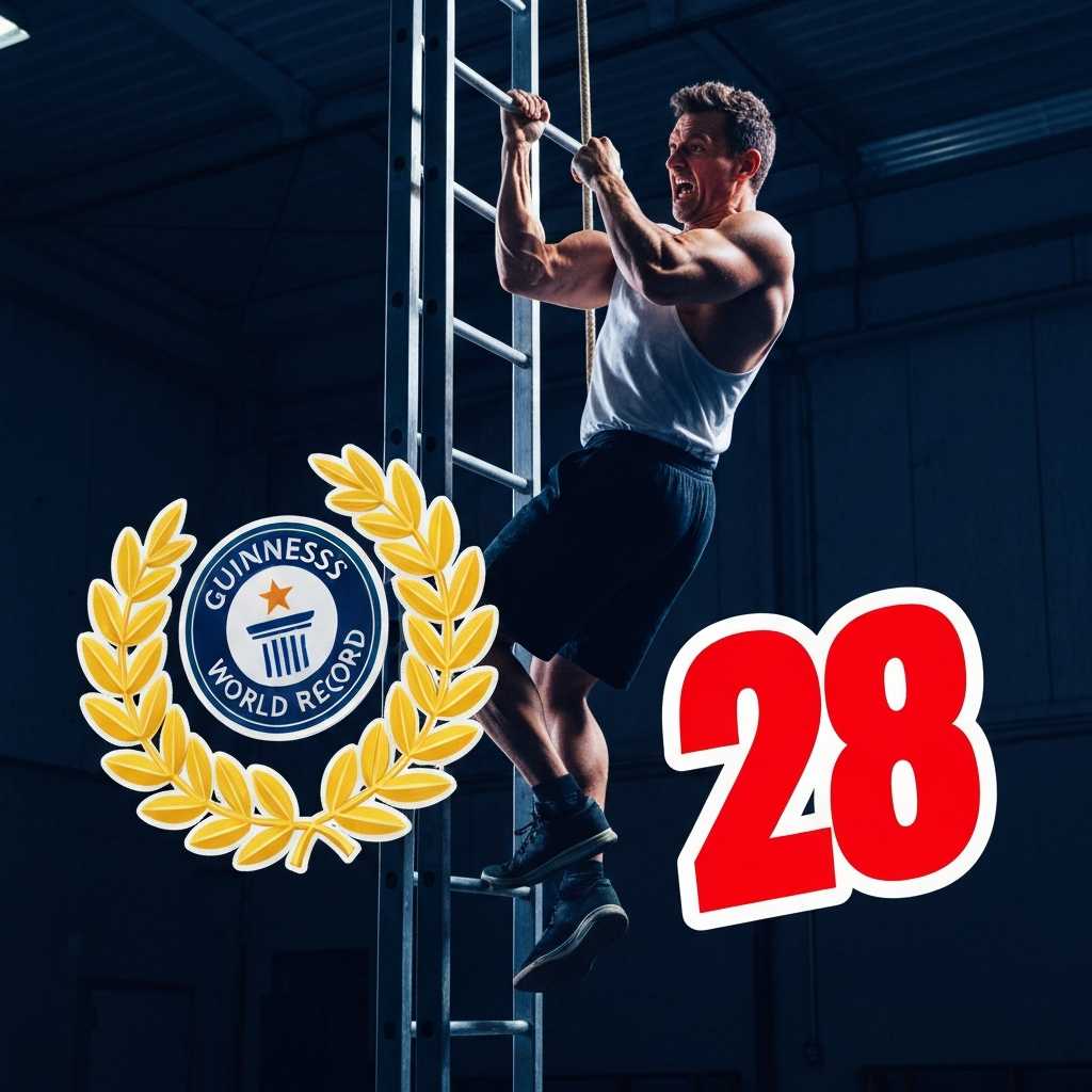 El hombre que escala la escalera mientras hace dominadas batiendo un Récord Guinness