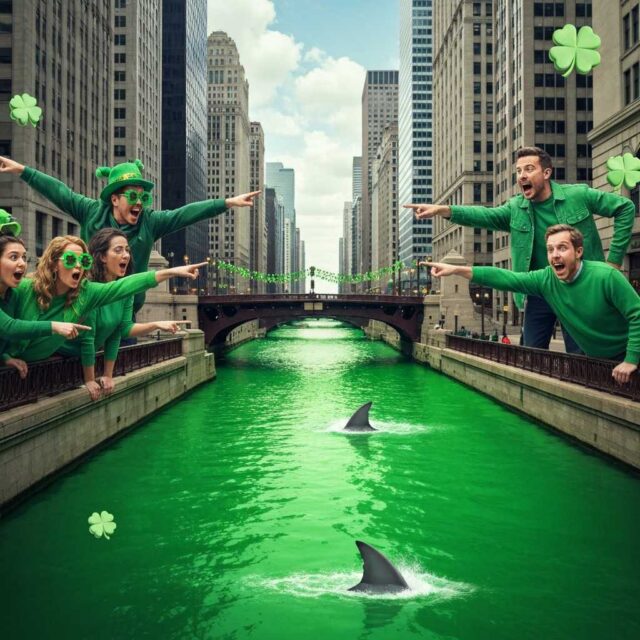 El misterio de los tiburones nadando en el río verde de Chicago por San Patricio