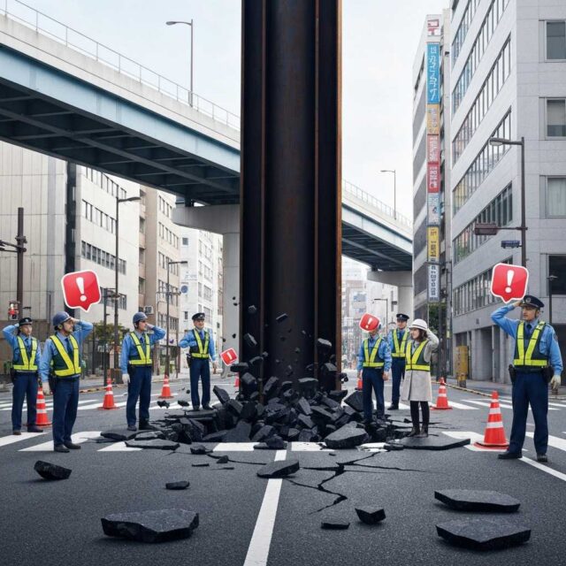 Tubería subterránea gigante emerge misteriosamente y destroza una calle en Japón Tubería subterránea gigante emerge misteriosamente y destroza una calle en Japón