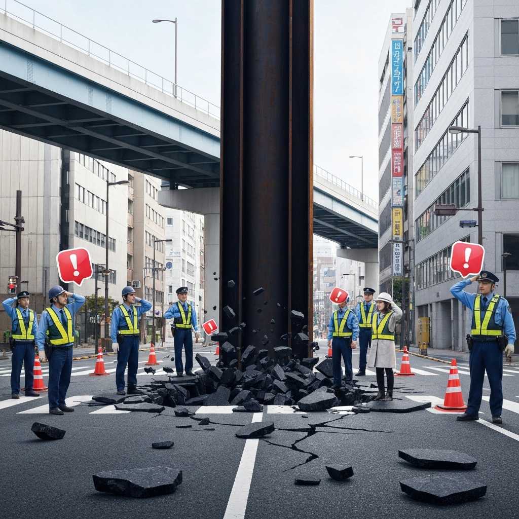 Tubería subterránea gigante emerge misteriosamente y destroza una calle en Japón