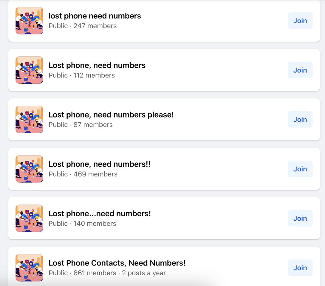 Lista de grupos de Facebook titulados 'Lost phone need numbers'