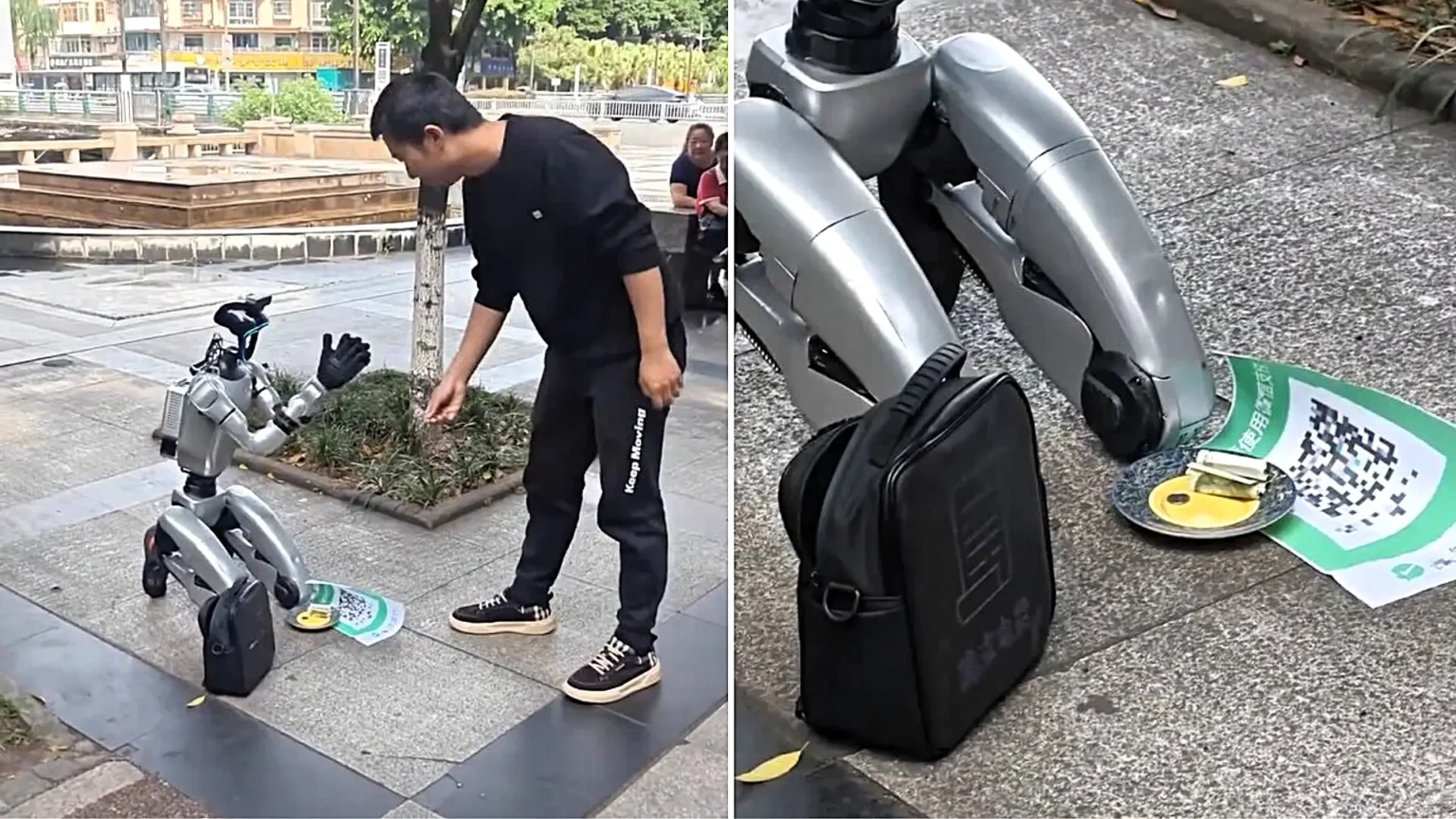 Un robot humanoide plateado arrodillado en una calle simulando mendigar, con un plato con dinero y un cartel con código QR, mientras un hombre interactúa con él