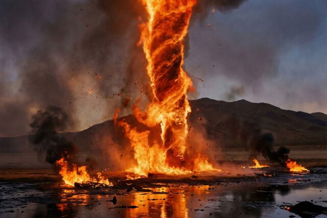 Torbellino de fuego de varios metros girando sobre un vertido de petróleo ardiendo en una prueba para limpiar el mar