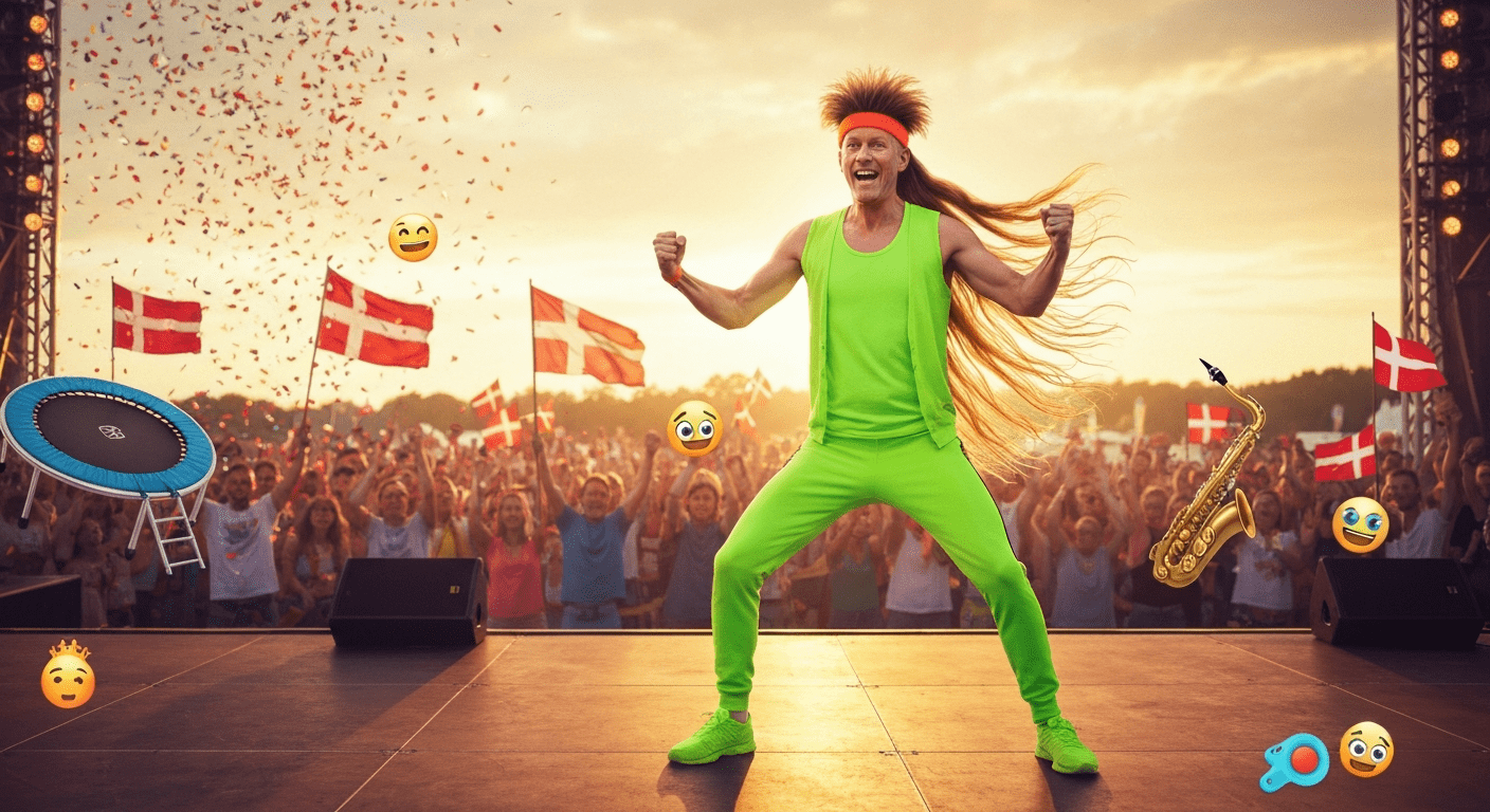 Hombre con un exagerado mullet y chándal verde neón celebra en el campeonato del mullet de Dinamarca