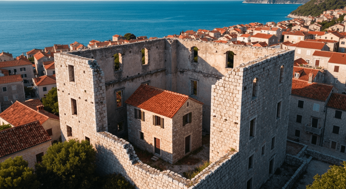 Pequeña casa de piedra con tejado rojo encerrada entre los muros de un palacio inacabado en la isla croata de Brač