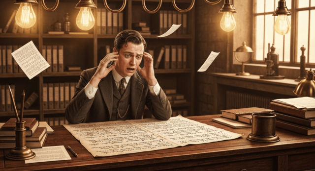 Aspirante agobiado del siglo pasado ante el examen de contratación imposible de Thomas Edison