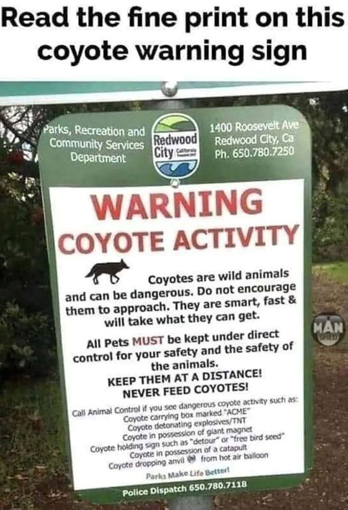 Cartel de advertencia sobre coyotes con bromas al estilo Looney Tunes (ACME, TNT, yunques)