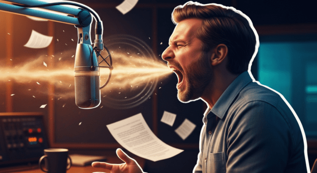 Hombre gritando con todas sus fuerzas ante un micrófono de estudio mientras ondas de sonido salen de su boca, ilustración del récord de la persona más ruidosa del mundo