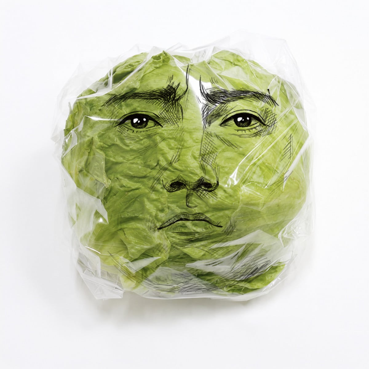 Una cabeza de lechuga envuelta en film transparente con el rostro dramático de Tatsuya Fujiwara impreso encima