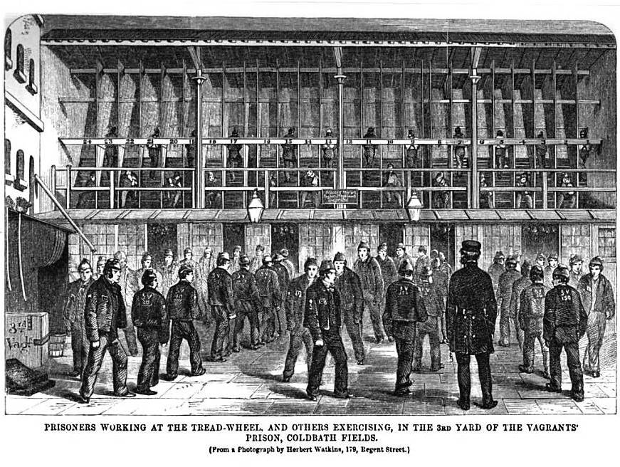 Presos victorianos caminando en compartimentos individuales sobre la rueda de castigo de la prisión de Coldbath Fields
