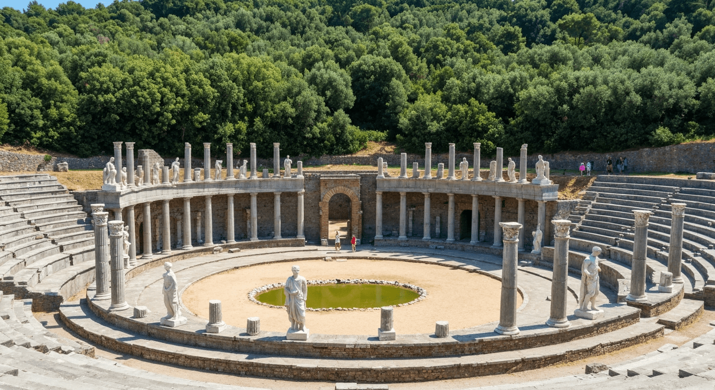 Ilustración de un falso anfiteatro romano con columnas de hormigón y estatuas de yeso, el tipo de montaje que engañó a turistas en Italia