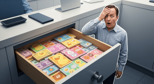 Cajón de un banco lleno de billetes de juguete con dibujos de animales y un empleado sorprendido