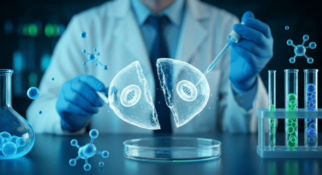 Ilustración de una célula sintética dividiéndose en un laboratorio, en alusión a SpudCell, la primera creada desde cero