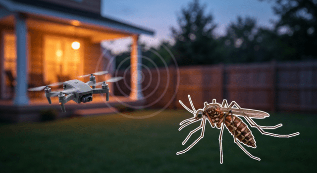 Microdron cazador persiguiendo a un mosquito gigante en un jardín al anochecer, con ondas de sonido a su alrededor