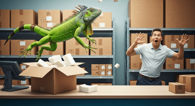 Un iguana verde salta sobre el mostrador de una tienda de mensajería ante el susto de una empleada Una iguana verde salta sobre el mostrador de una tienda de mensajería ante el susto de una empleada