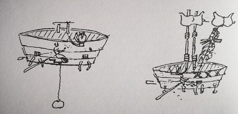 Bocetos históricos de un submarino y un traje de buceo diseñados por Jerónimo de Ayanz