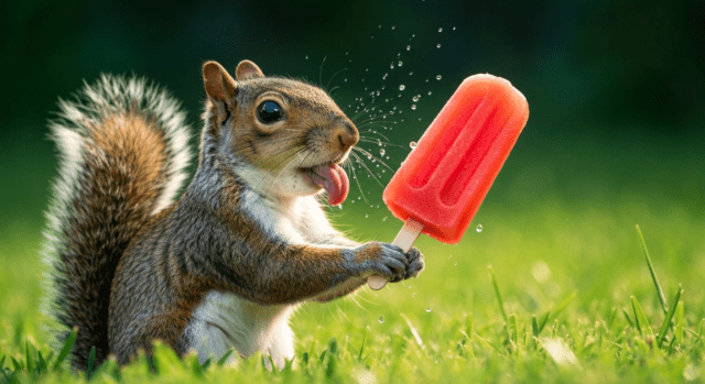 Una ardilla en un jardín soleado sostiene y lame un polo rojo de sandía para refrescarse durante una ola de calor de verano