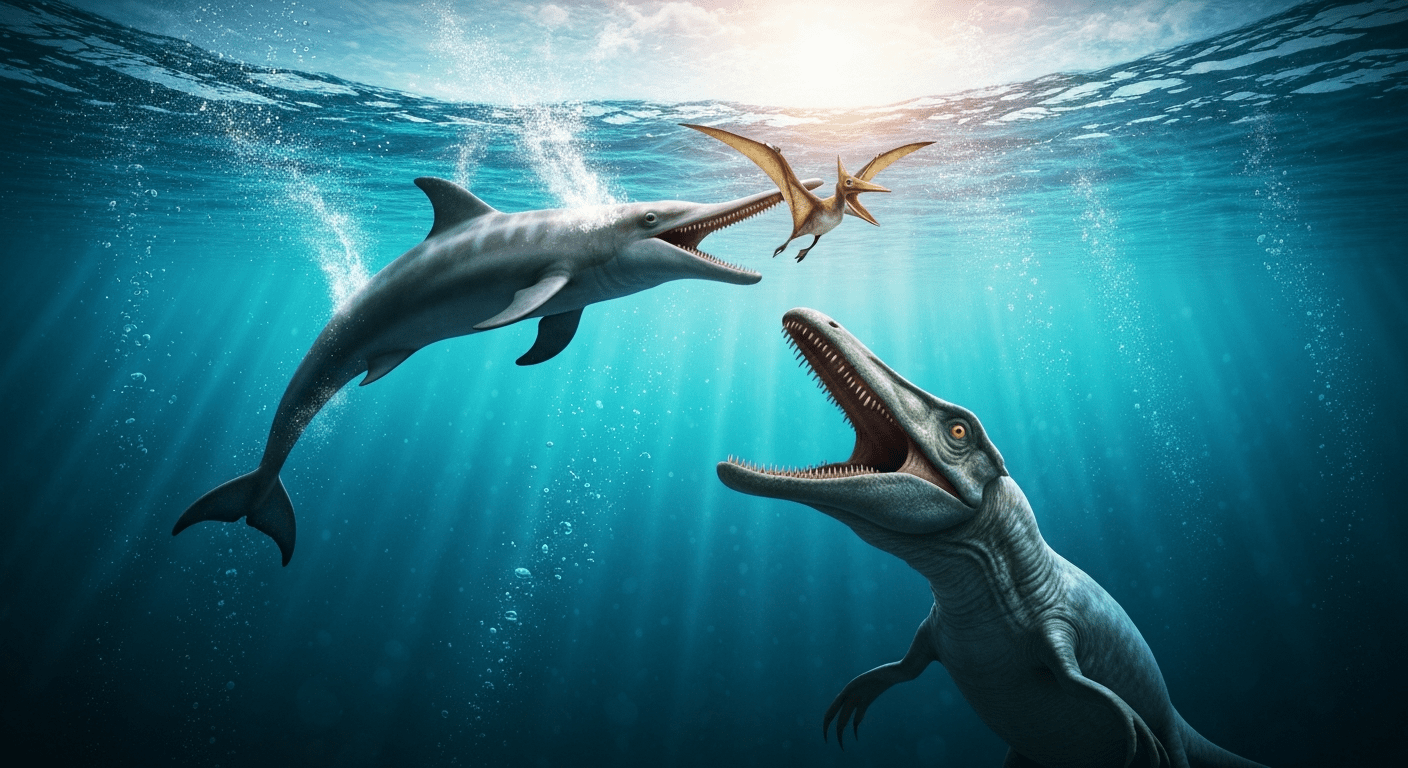 Ilustración de un ictiosaurio cazando un pterosaurio mientras un pliosaurio gigante emerge de las profundidades del mar de Eromanga