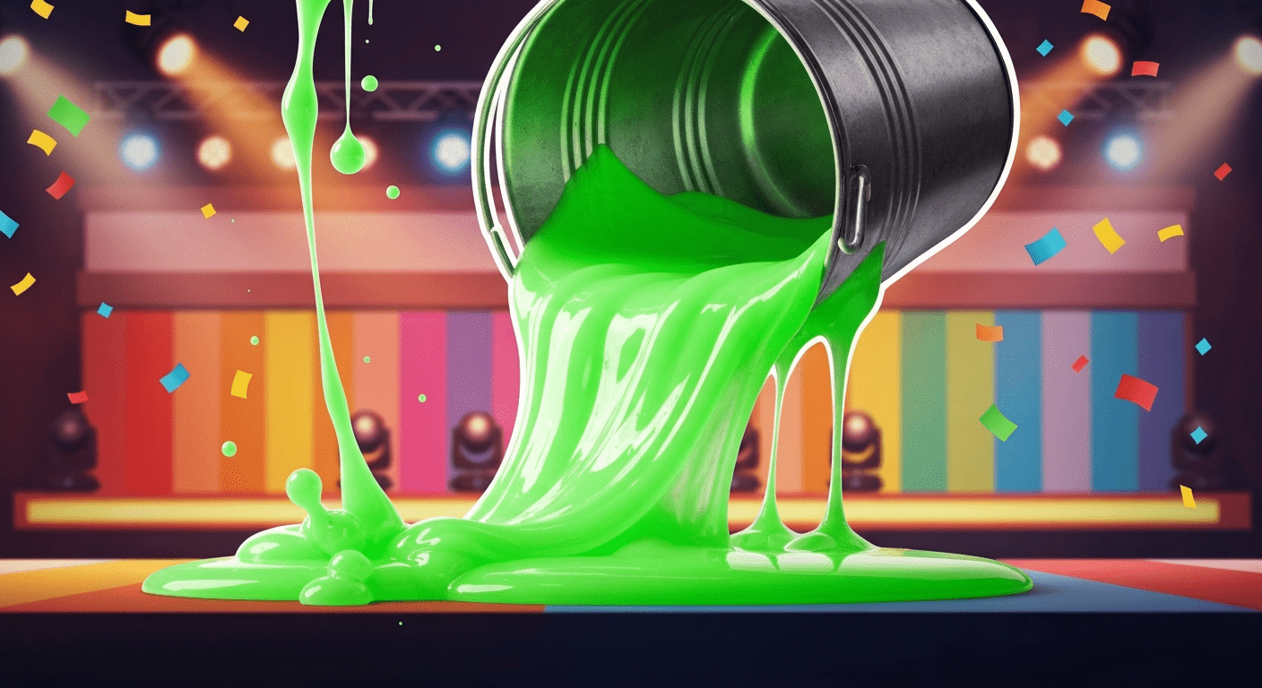 Chorro de limo verde de Nickelodeon cayendo desde un cubo metálico en un plató de televisión