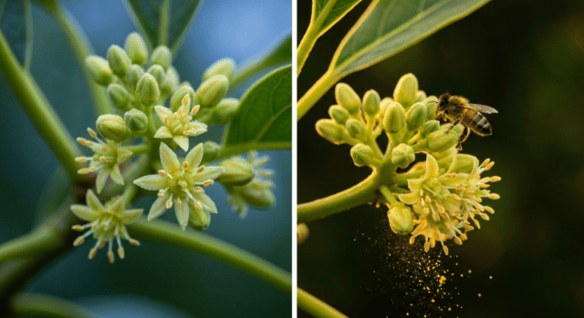Flores de aguacate en dos momentos del día: cerradas en fase femenina con luz fría y abiertas soltando polen con una abeja en luz dorada