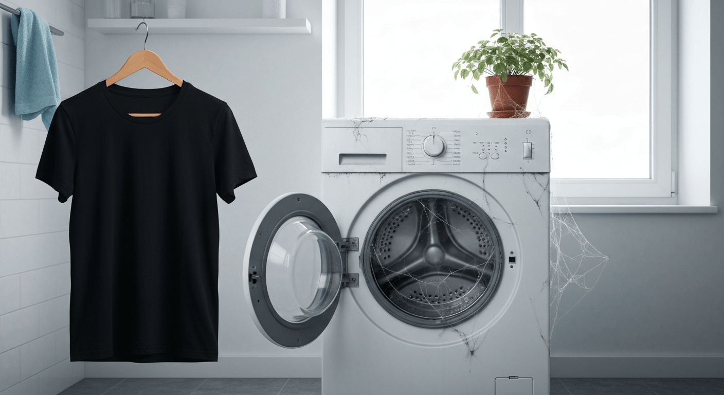 Camiseta negra colgada junto a una lavadora cubierta de telarañas por falta de uso