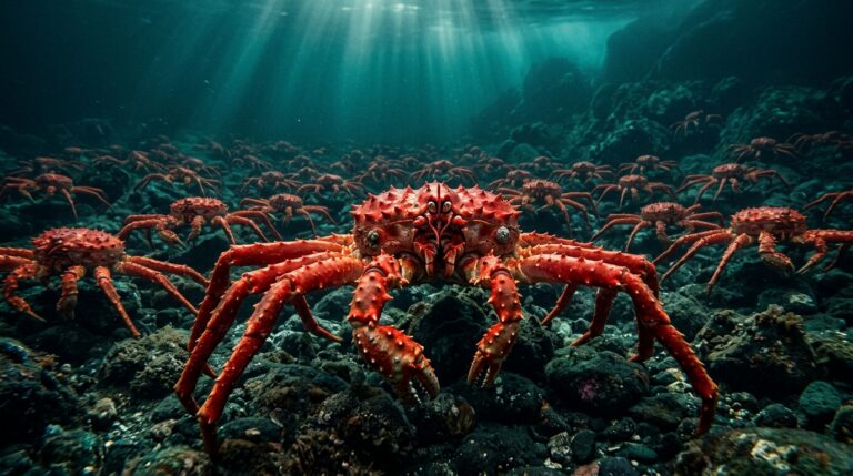 Ilustración de una multitud de cangrejos reales rojos avanzando sobre el fondo marino rocoso del Ártico