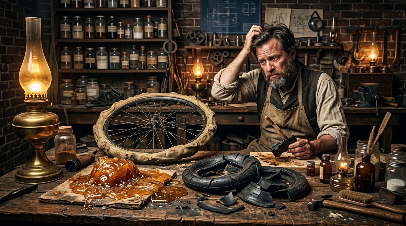 Banco de trabajo de un taller del siglo XIX con una masa de savia de chicle color ámbar, moldes de caucho fallidos y un neumático de bicicleta a medio hacer