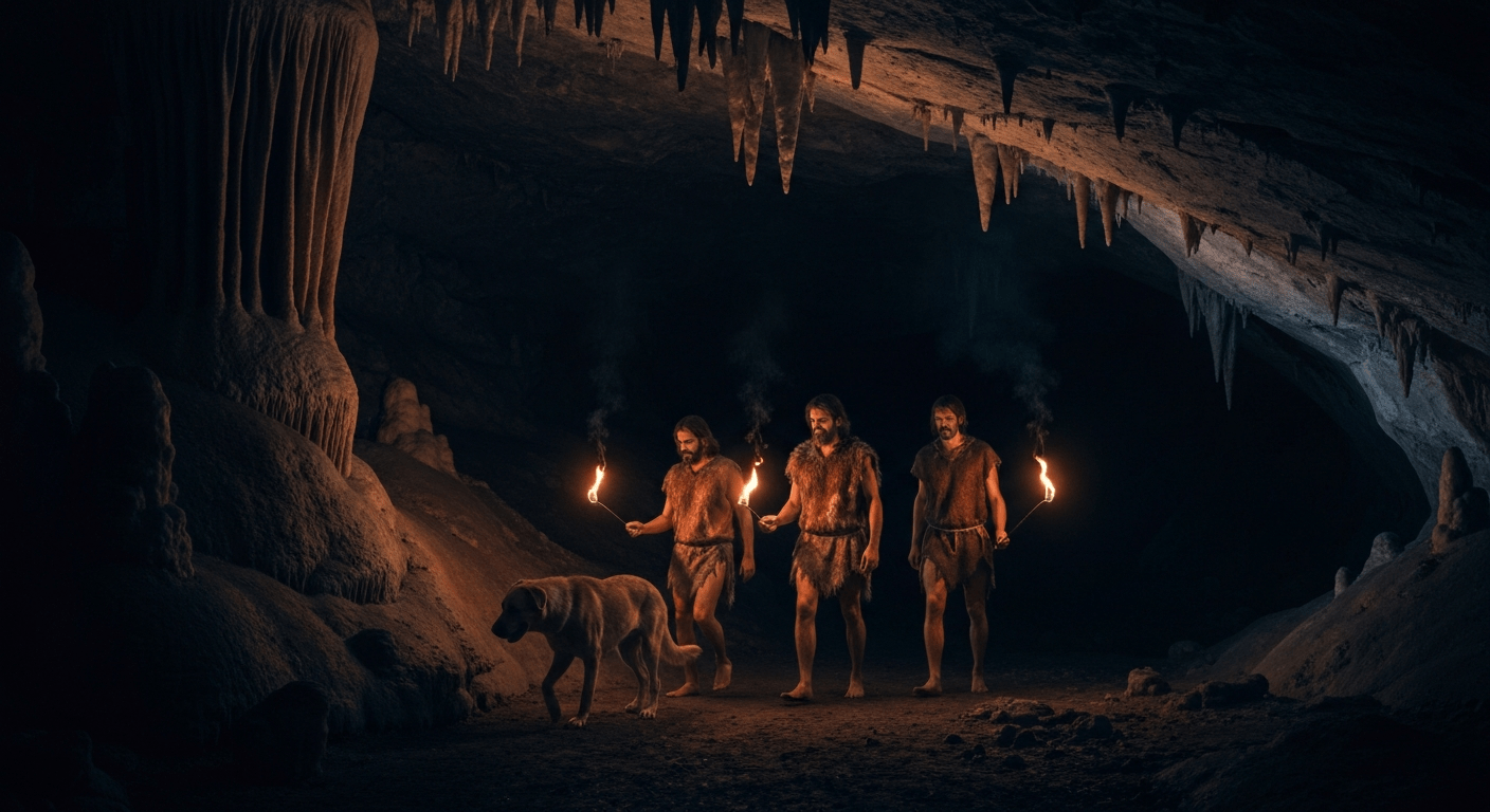 Grupo del Paleolítico camina descalzo con un perro por una cueva oscura alumbrándose con finas ramitas de pino encendidas
