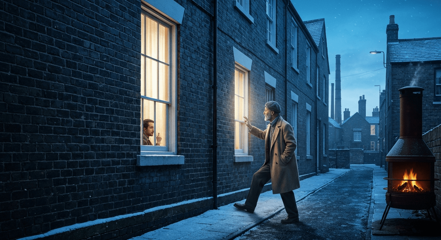 Un hombre con gorra y abrigo llama al cristal de una ventana iluminada en una calle de ladrillo al amanecer mientras alguien se asoma desde dentro
