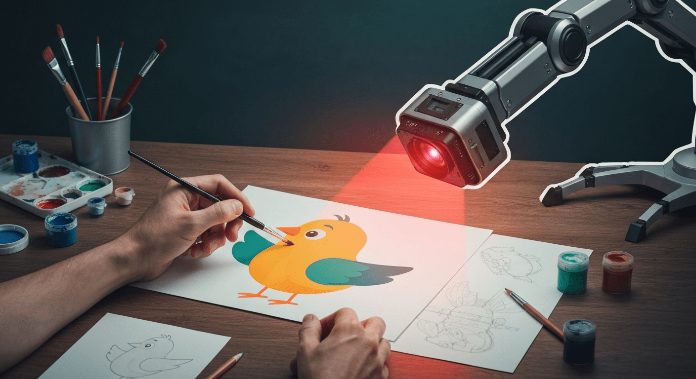 Una mano humana pinta con pincel el dibujo de un pájaro mientras un brazo robótico lo escanea con una luz roja