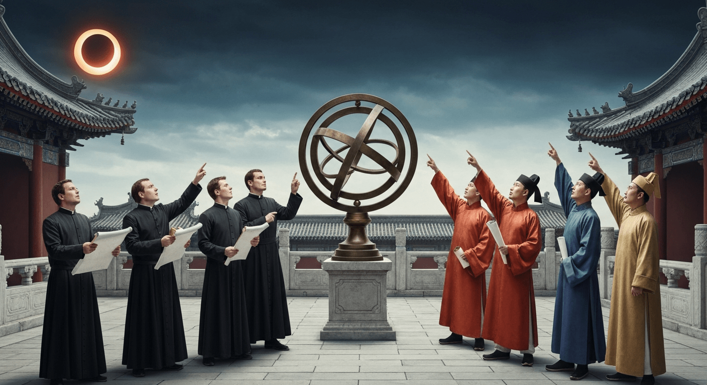 Sacerdotes europeos de negro y astrónomos chinos con túnicas de colores señalan un eclipse solar junto a una esfera armilar de bronce