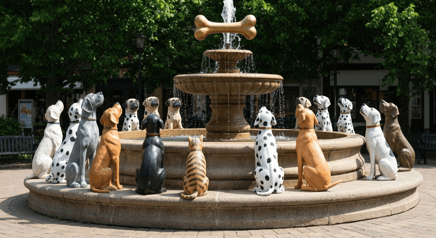 Esculturas de perros de distintas razas alrededor de una fuente, todas mirando hacia un hueso dorado suspendido en lo alto