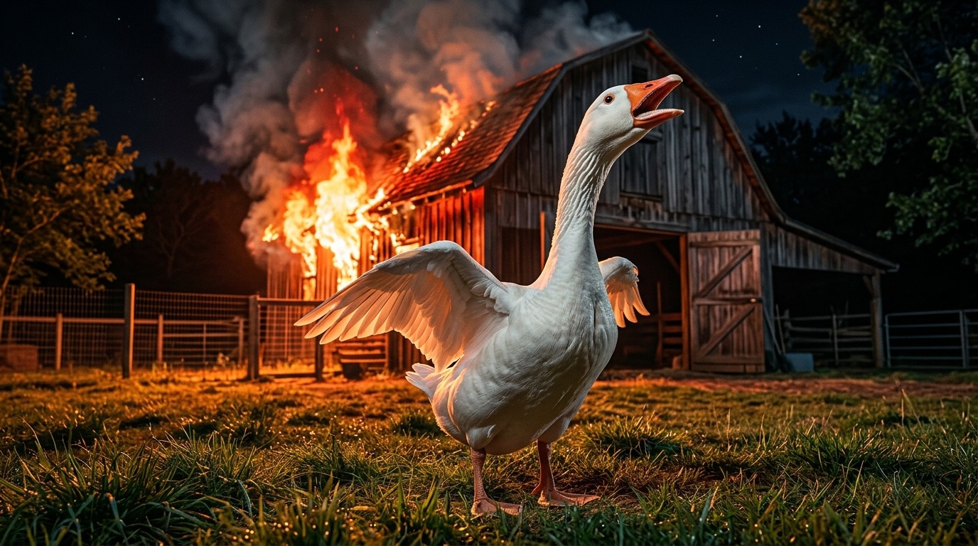 Un ganso blanco grazna con el pico abierto en un patio de noche mientras el granero de madera arde al fondo (ilustración)