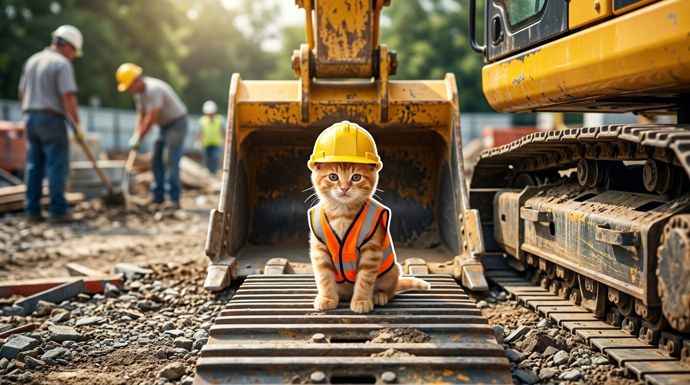 Ilustración de una gatita con casco de obra amarillo y chaleco reflectante sentada sobre la oruga de una excavadora