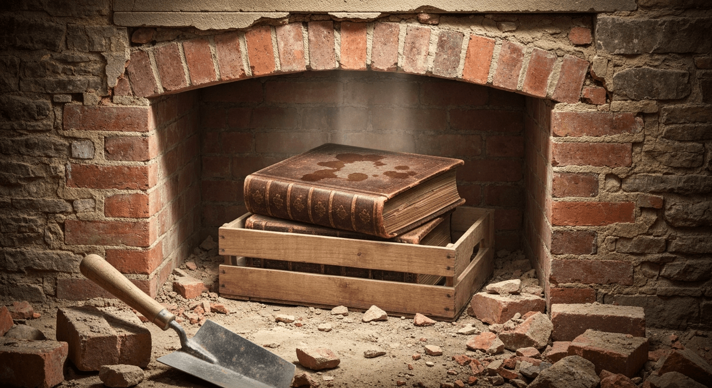 Libro antiguo encuadernado en piel sobre una caja de madera dentro del hueco de una chimenea de ladrillo abierta a golpes, entre cascotes