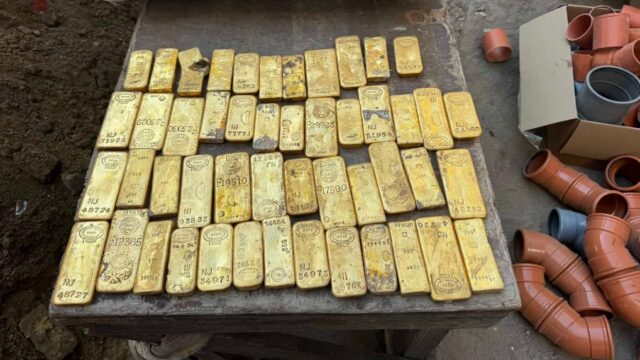 Lingotes de oro hallados junto a las tuberías de alcantarillado en Dendermonde Decenas de lingotes de oro alineados sobre un banco de obra, junto a codos de tubería naranja de alcantarillado