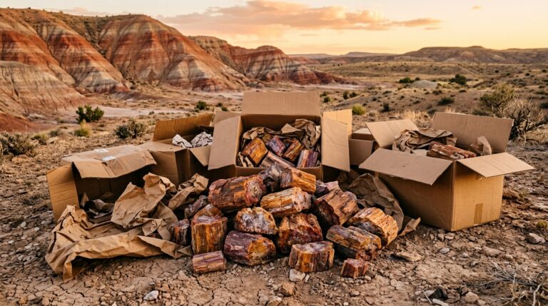 Trozos de madera petrificada de colores apilados junto a cajas de cartón abiertas en el desierto de Arizona