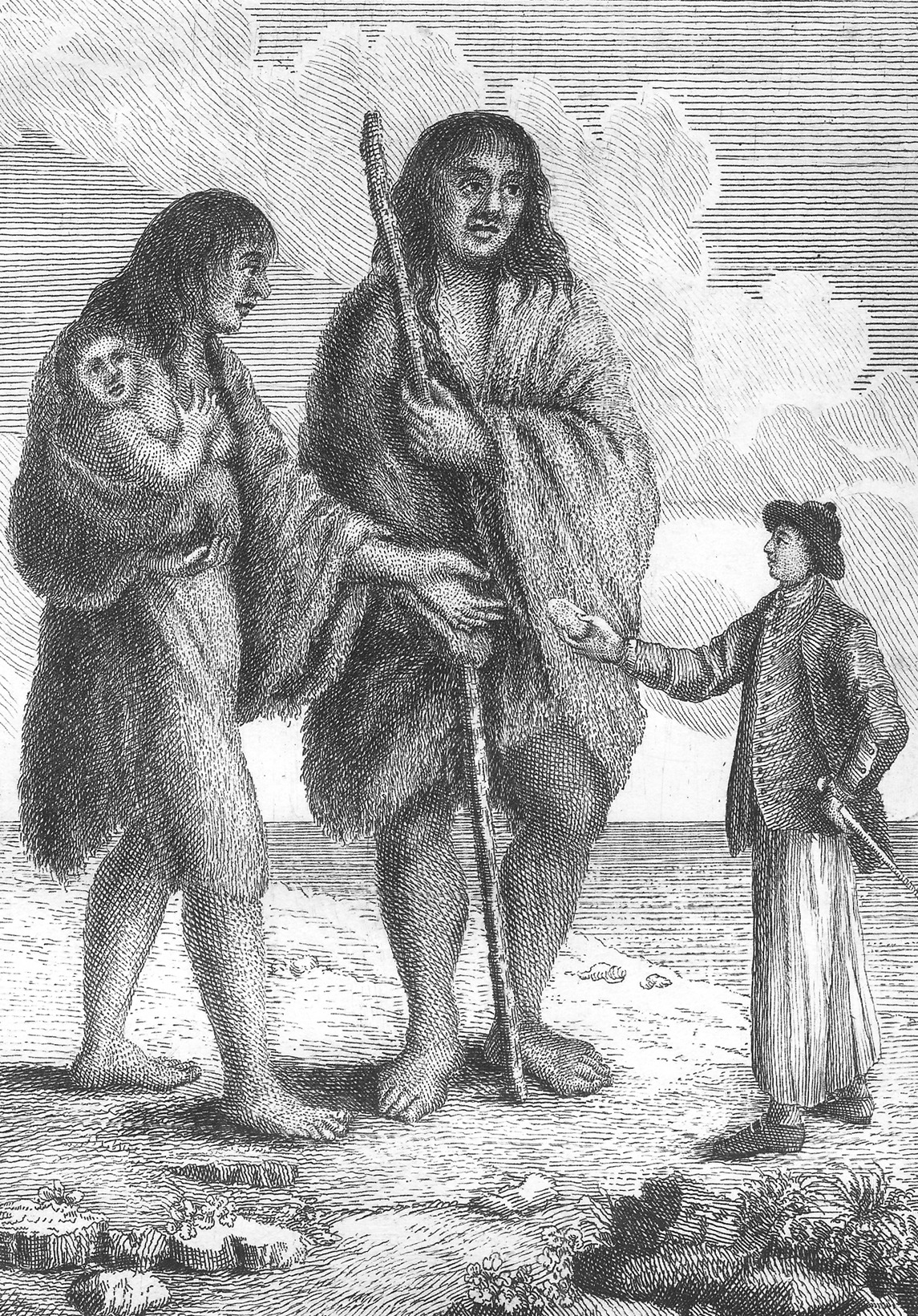 Grabado de 1767 en el que tres patagones de tamaño colosal reciben comida de un marinero europeo diminuto