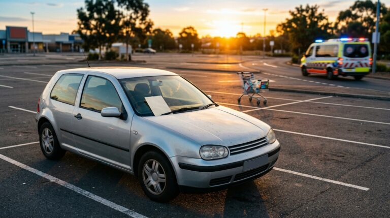 Coche plateado solo en el aparcamiento de un supermercado al atardecer, con un papel bajo el limpiaparabrisas y una ambulancia al fondo