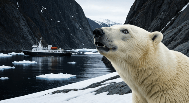 Oso polar despertado por la bocina de un barco en Svalbard Un oso polar despierto y alerta, con la cabeza levantada, en la orilla rocosa de un fiordo ártico con un barco al fondo