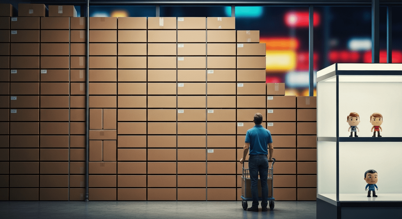 Un repartidor de espaldas contempla una enorme pared de cajas de cartón apiladas junto a una vitrina de tienda casi vacía