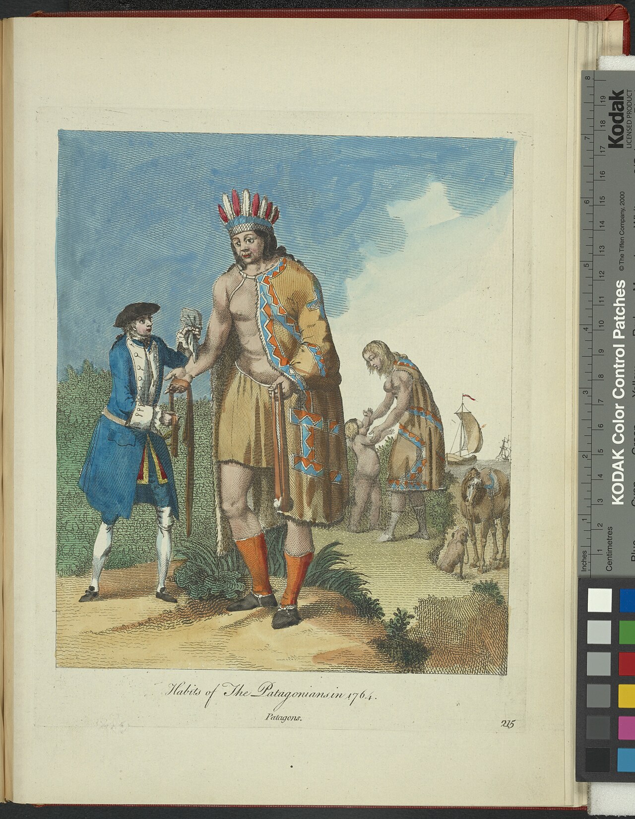 Grabado coloreado de un patagón con manto de piel y tocado de plumas junto a un oficial europeo que apenas le llega al pecho