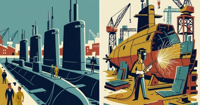 Ilustración a dos viñetas: a la izquierda una hilera de submarinos amarrados en un puerto con marineros en el muelle; a la derecha, un operario corta con soplete el casco de un submarino entre grúas de desguace