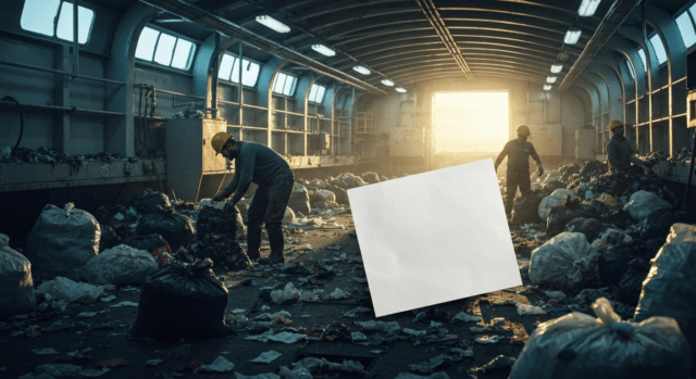 Operarios con casco y guantes rebuscan entre bolsas de basura en una nave industrial y un papel blanco destaca en el centro
