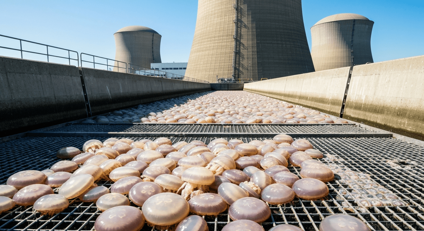 Medusas pálidas amontonadas sobre la reja metálica de un canal de agua, con las torres de una central nuclear al fondo