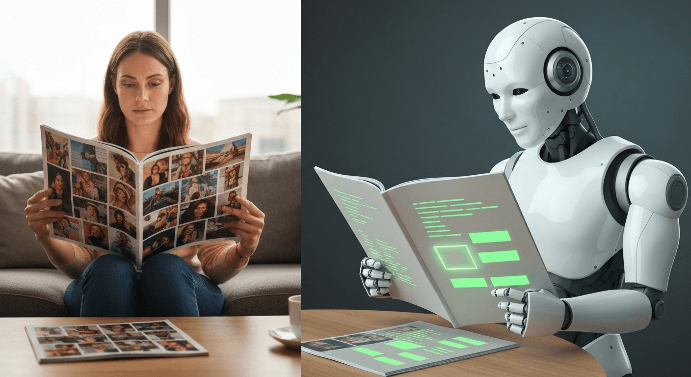 Una mujer lee una revista llena de fotos en color mientras un robot lee las mismas páginas convertidas en barras de datos verdes