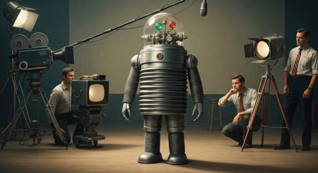 Robot retro de los años cincuenta en un plató de televisión Robot retro de los años cincuenta con cúpula transparente en la cabeza, de pie en un plató de rodaje antiguo entre cámaras de cine, focos y técnicos